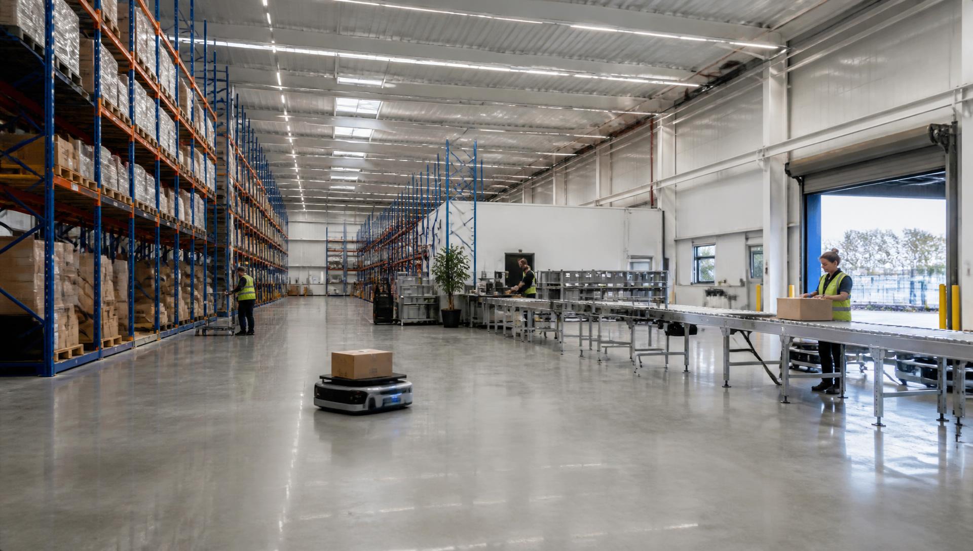 Wide view of a modern Australian distribution centre with racking, conveyors, a mobile robot and dispatch operations
