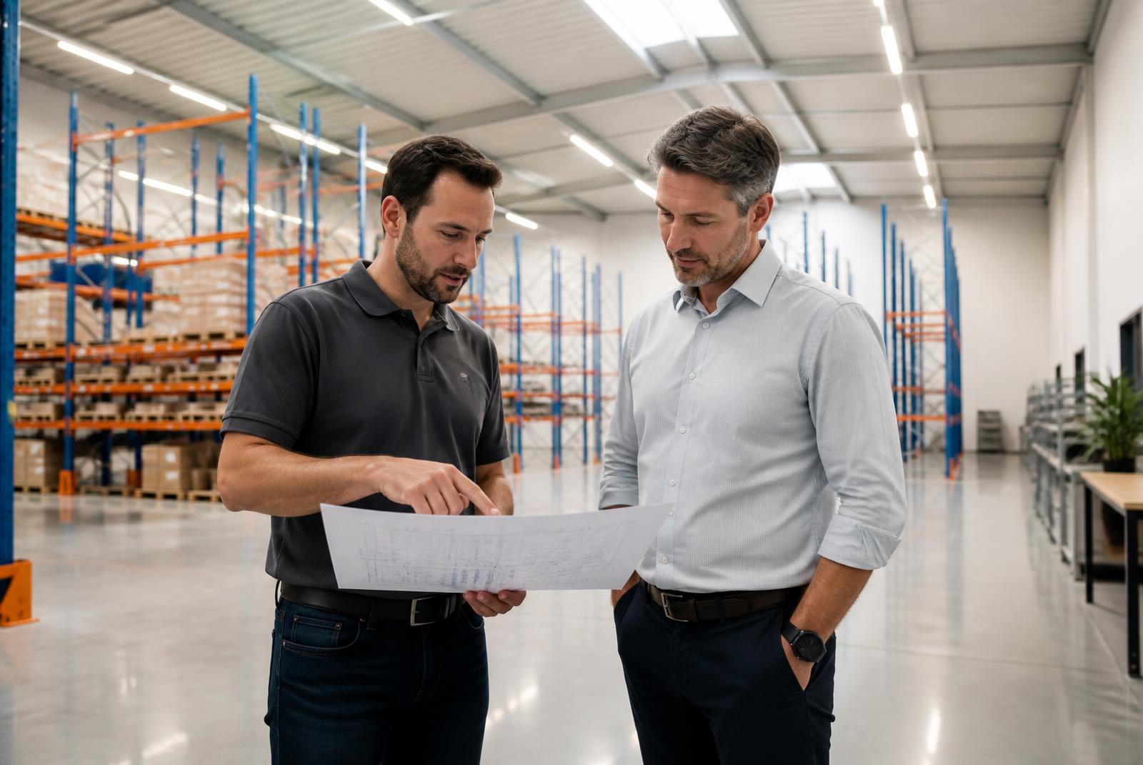 Warehouse automation engineer discussing a layout drawing with a customer on the warehouse floor