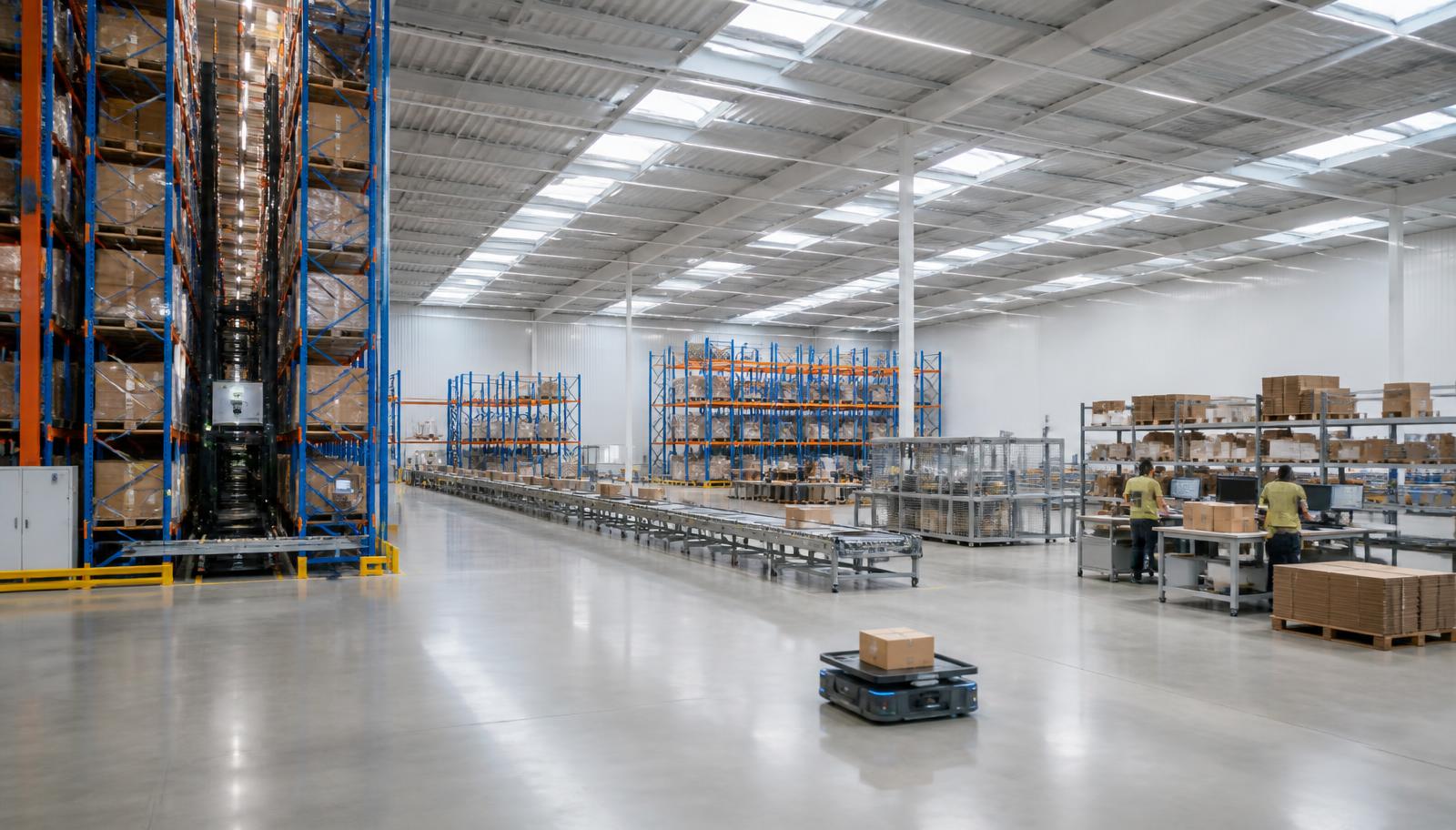 Wholesale distribution centre with palletised stock, cartons and order consolidation lanes