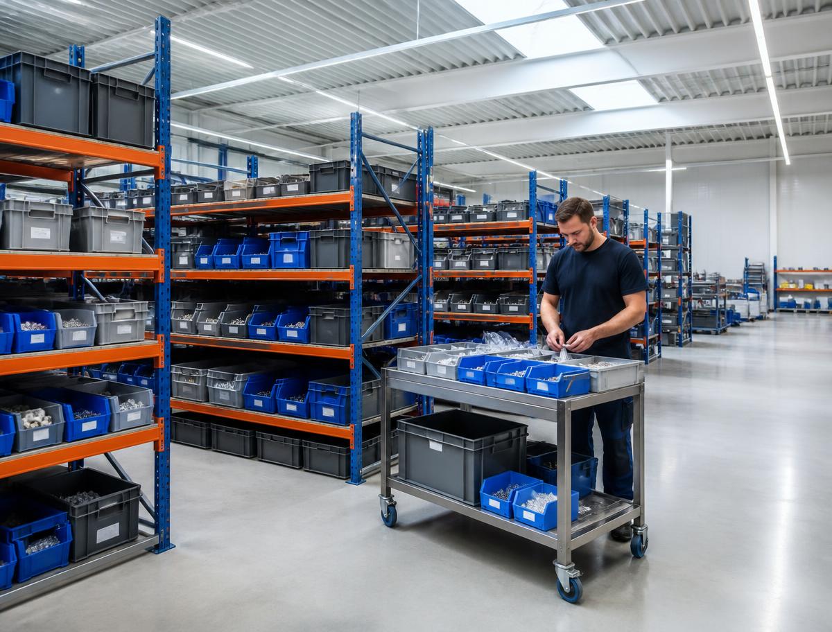 Component bins and kitting trolley staged for production supply in a warehouse